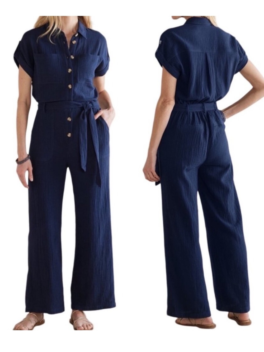 Soft Surroundings Navy Natasha Gauze Jumpsuit Size L NWT